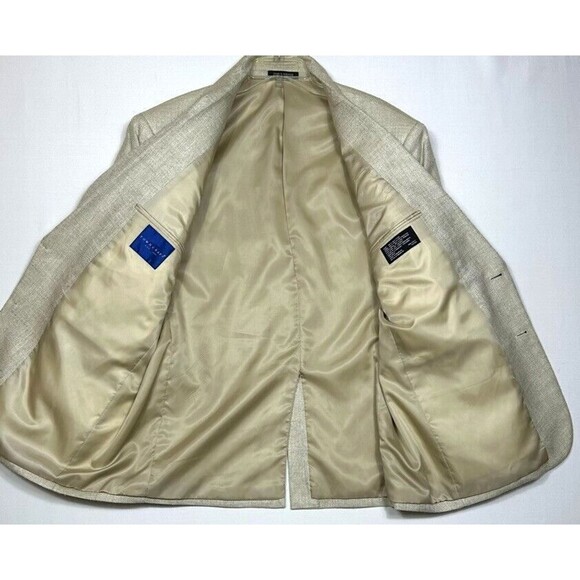 Towncraft Mens 44 R 100% Silk Beige Blazer Lined Herringbone Tan Sports Coat - Picture 4 of 15